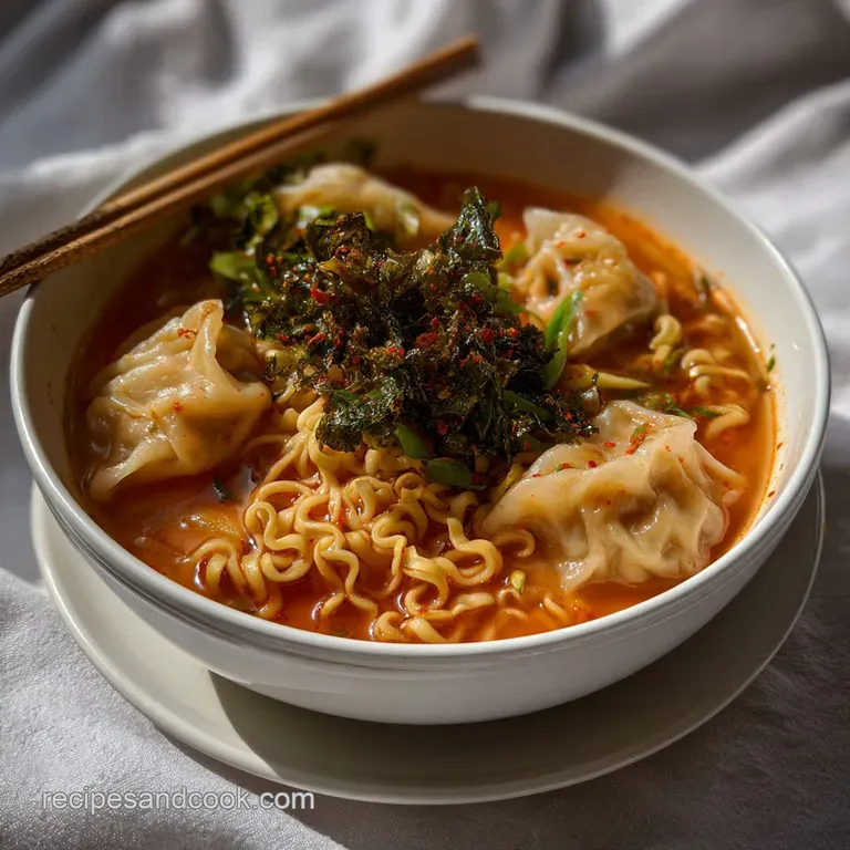 Elegant bowl of kimchi and dumpling noodle soup. Broth glistens, showcasing tender noodles, colorful kimchi, and perfectly...