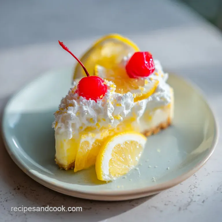 A slice of bright yellow cheesecake topped with a dollop of whipped cream and lemon zest.