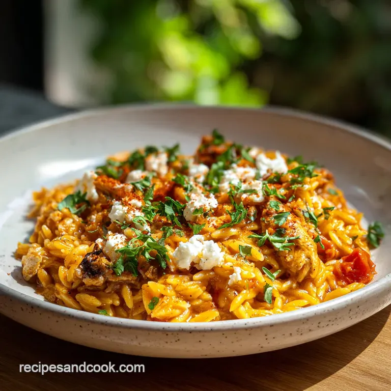 A vibrant serving of orzo casserole with juicy chicken and bright lemon slices, garnished with fresh dill on a white plate.