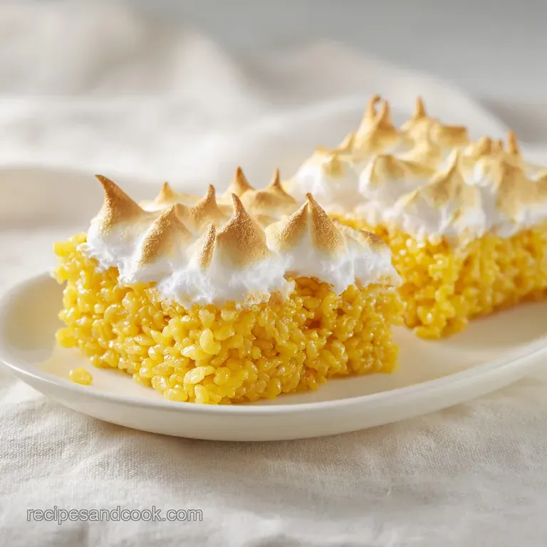 A single golden square on a white plate topped with swirled meringue and a thin slice of fresh yellow lemon.