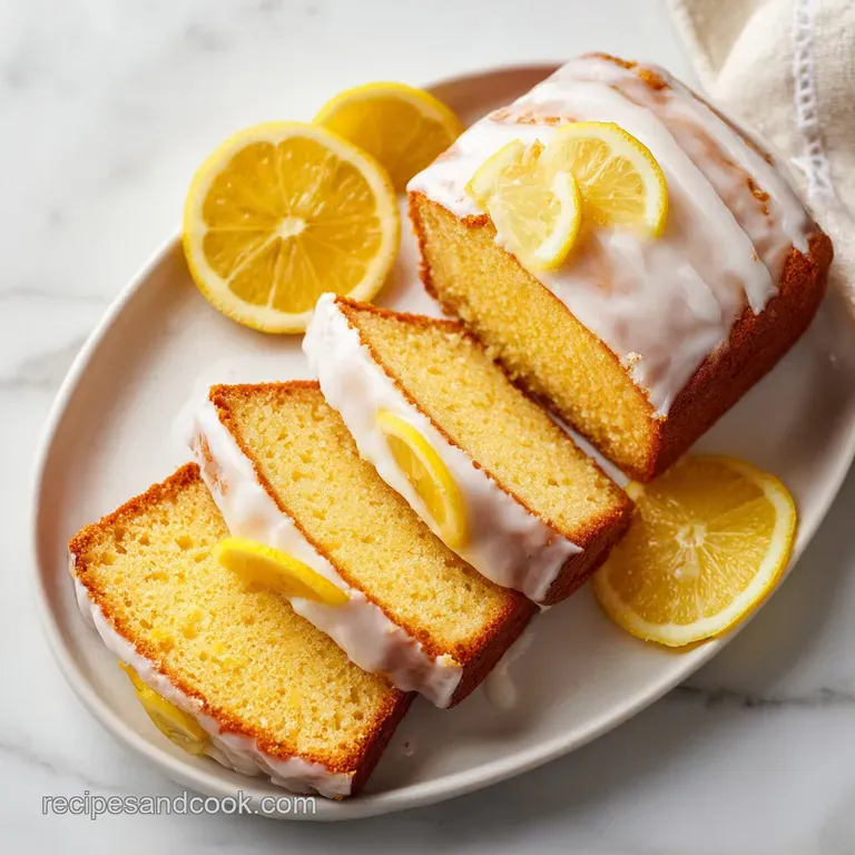 A thick slice of golden cake topped with a dusting of powdered sugar and fresh lemon zest on a marble surface.