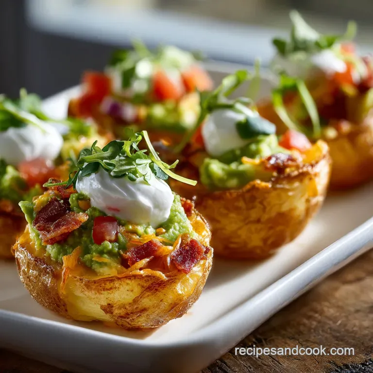 Plated potato skins glistening with melted cheese and savory toppings, sprinkled with fresh chives for a vibrant pop of co...