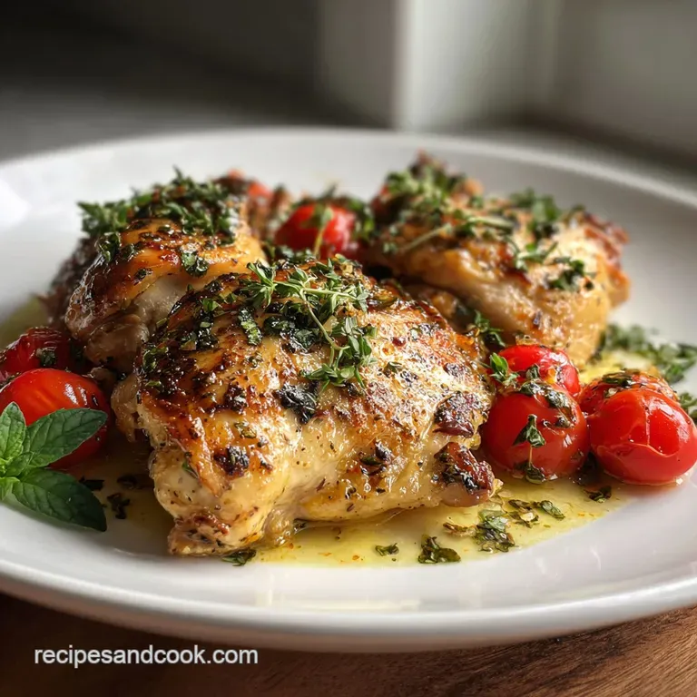 Elegant plate of creamy chicken with vibrant green herbs, a tempting glossy sauce, and a sprinkle of red pepper flakes.