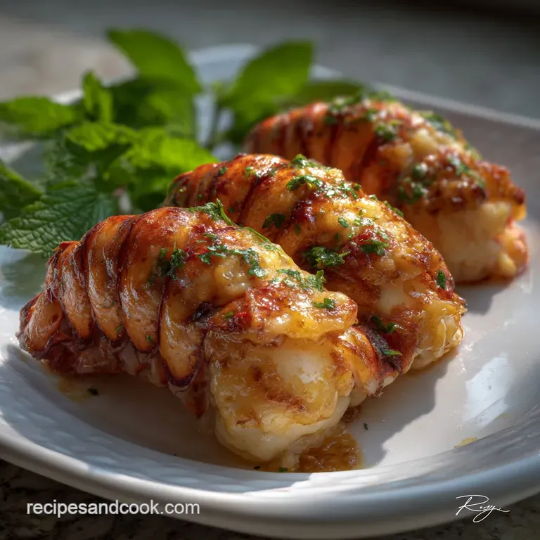 Elegant, white plate holding perfectly cooked lobster tail, the tender, white meat contrasting with the rich, yellow butte...