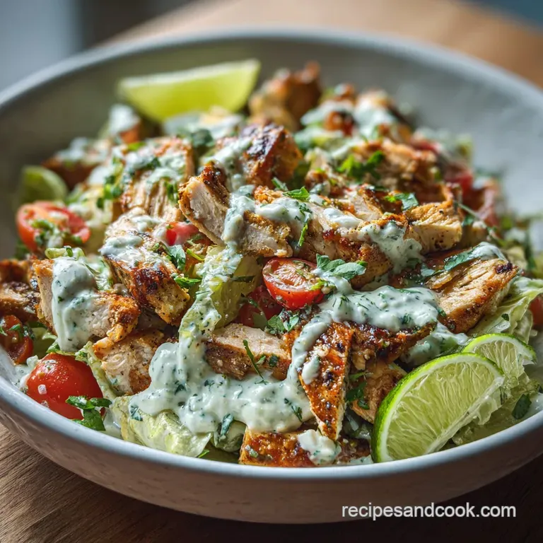 Elegant plate with colorful Mexican chicken salad. Juicy tomatoes, grilled chicken, and fresh cilantro create a flavorful ...