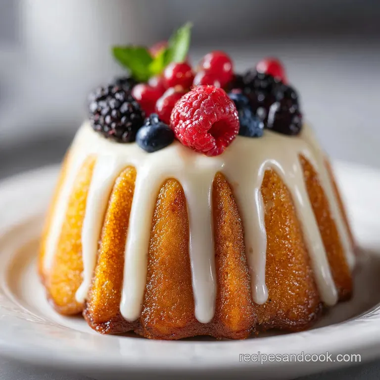 A single moist mini bundt cake, drizzled with thick cream cheese glaze, sits on a pristine white plate with a scattering o...