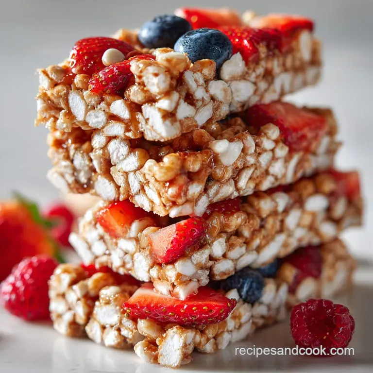 Neatly stacked cereal bars with layers of crunchy nuts and dried fruit, glistening with honey, presented on a rustic woode...