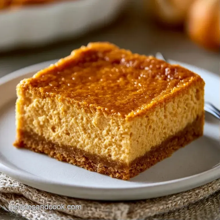 A neat slice of orange pumpkin cream bar on a ceramic plate, topped with a dollop of whipped cream and cinnamon.