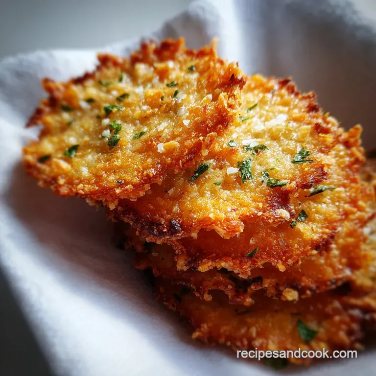 Crispy parmesan chips artfully arranged on a plate, ready to enjoy. Sprinkled garlic adds a fragrant touch.