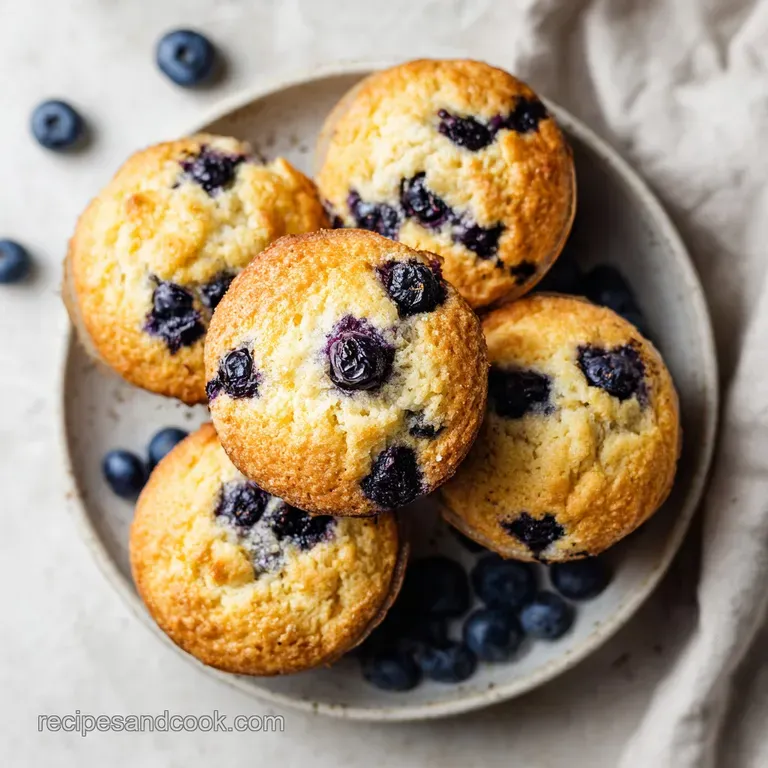 Warm blueberry muffins nestled in a woven basket. Light reflects off the soft, slightly crumbly muffin tops, hinting at a ...