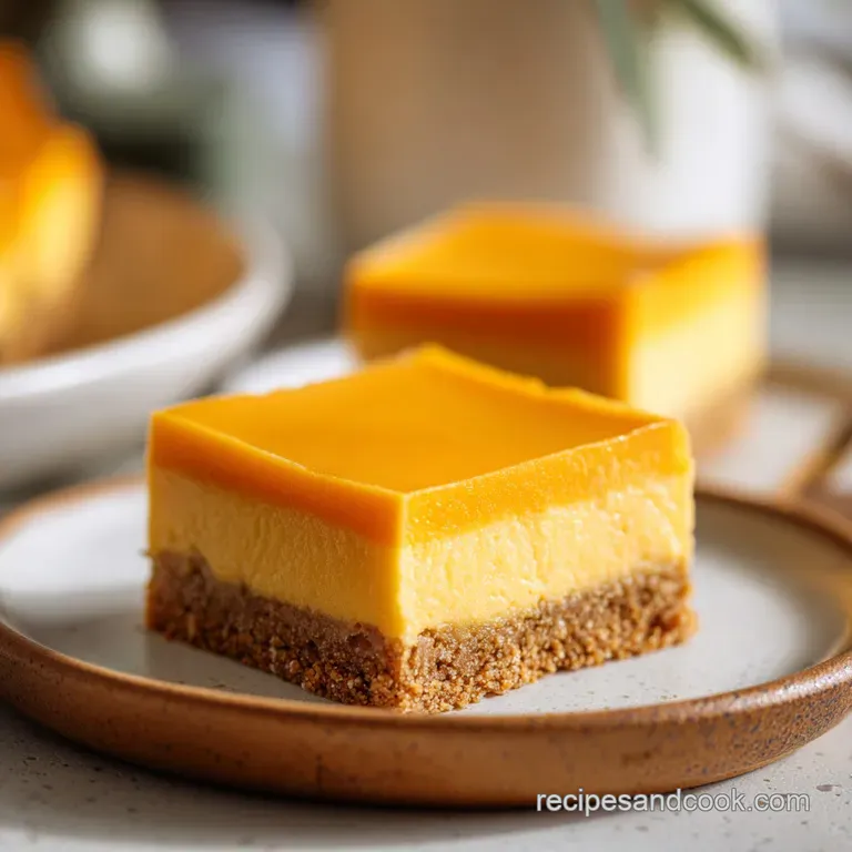 Neatly sliced rectangular dessert squares with orange and white swirls, garnished with fresh mint and citrus zest.