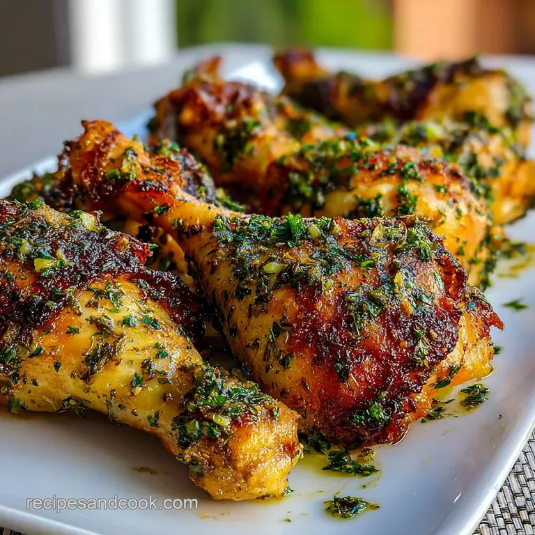 Crisp chicken leg plated atop creamy mashed potatoes, drizzled with pan sauce. Garnished with fresh rosemary and thyme spr...