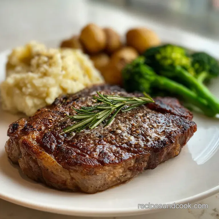Perfectly seared ribeye steak slices fanned on a plate, juicy pink center, topped with melting herb butter.