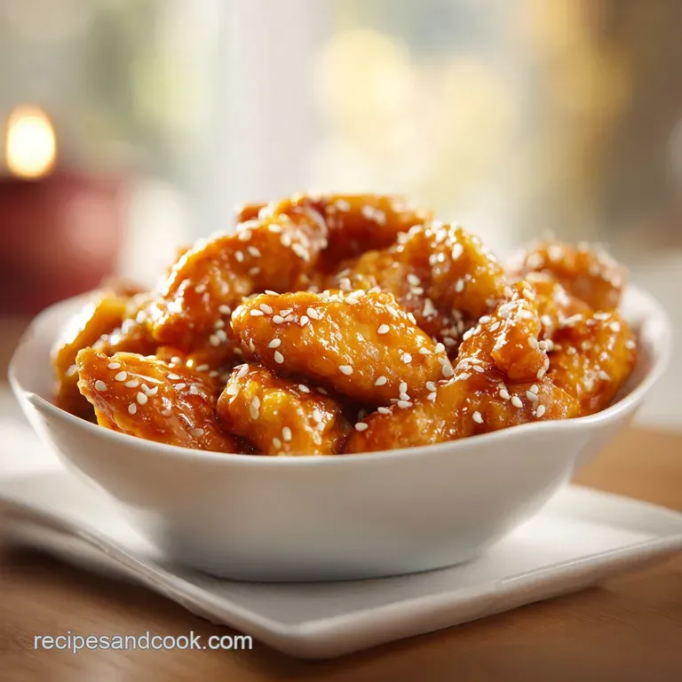 Tender chicken chunks with a sticky honey glaze, artfully arranged over fluffy white rice with sesame seeds.