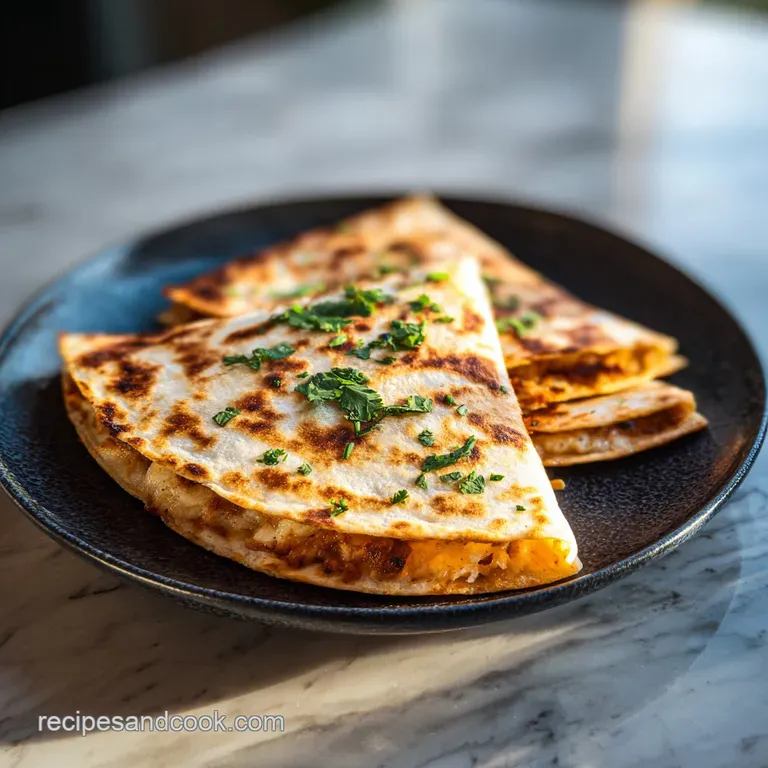Golden-brown quesadilla triangles arranged artfully on a white plate, a colorful medley of fresh salsa and creamy avocado ...