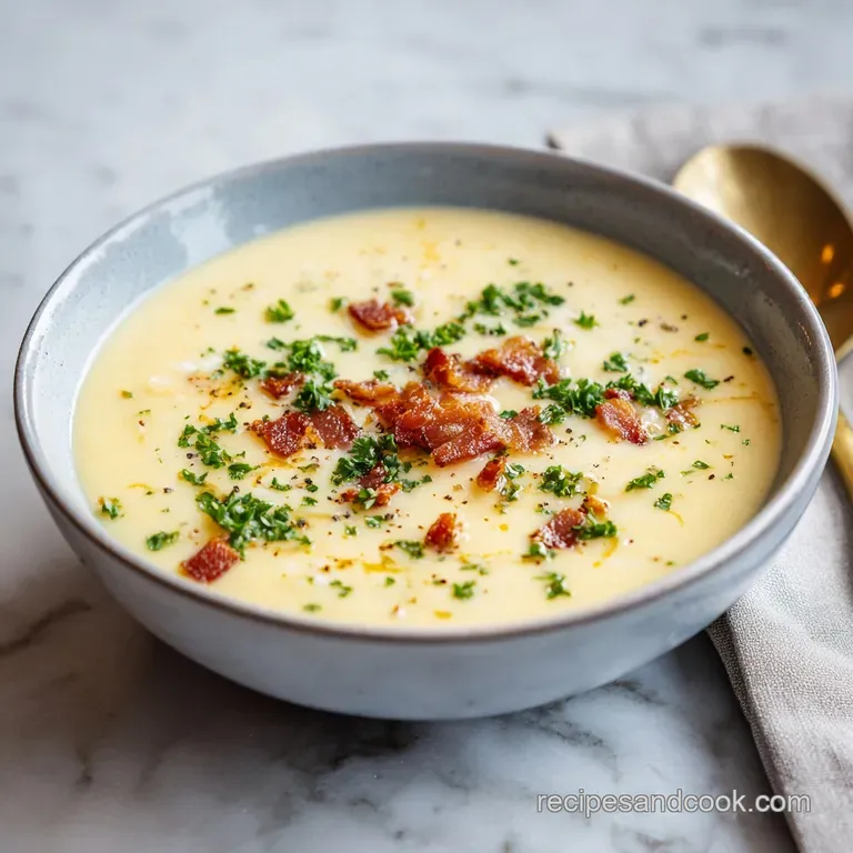A swirling ladle of velvety potato soup atop a white plate, garnished with crispy bacon.