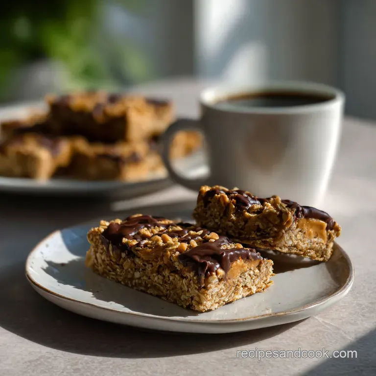 Stacked peanut butter oatmeal bars with visible layers of oats and peanut butter, drizzled with chocolate on a white plate.