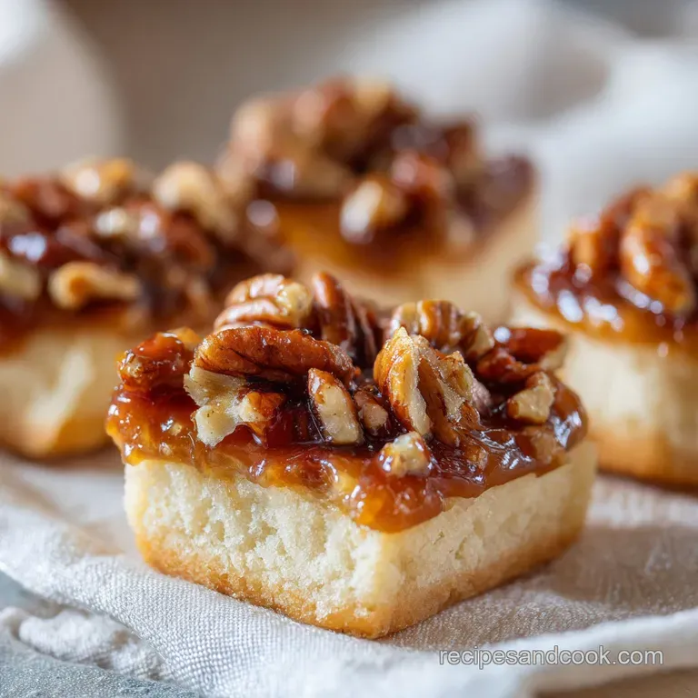 Neatly stacked dessert squares on a marble slab, topped with whole toasted pecans and glossy chocolate swirls.