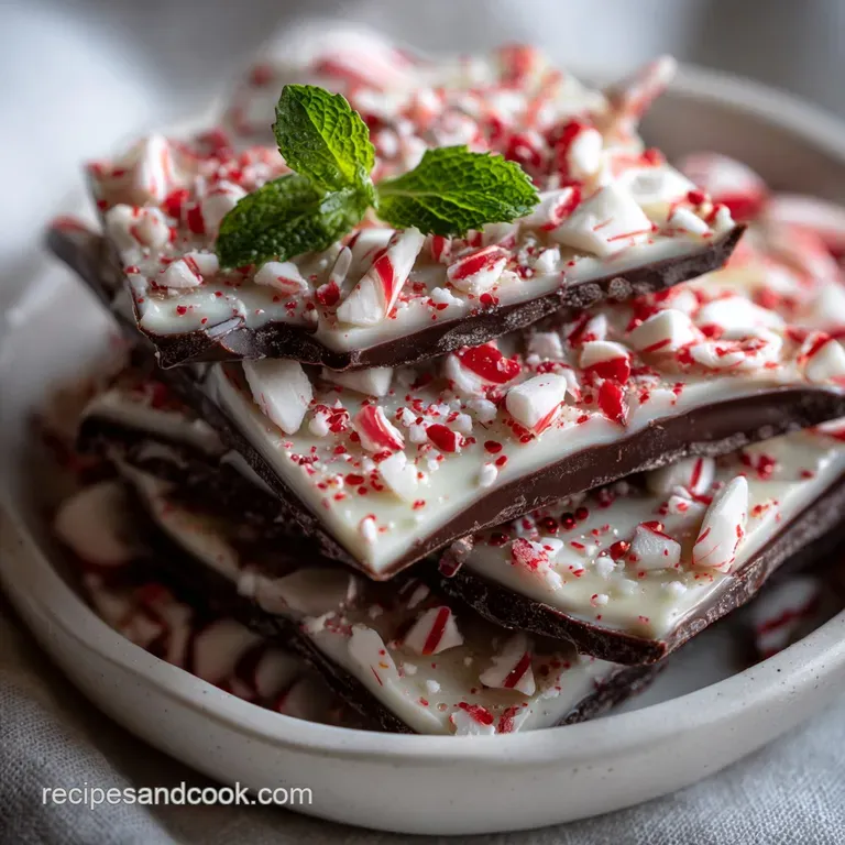 Elegant peppermint bark pieces stacked on a white plate, showcasing smooth chocolate, crunchy candy cane bits, holiday des...