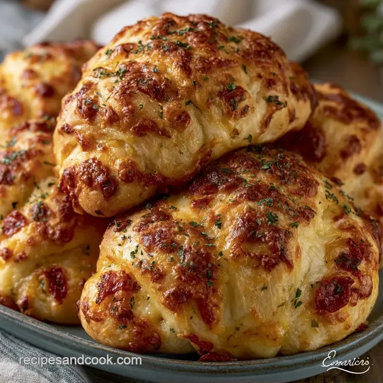 Flaky golden pastry rolls arranged on a wooden platter with a bowl of red marinara and a sprinkle of parsley.