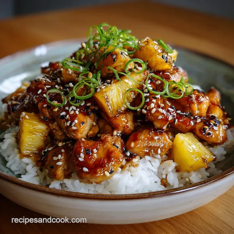 Glossy teriyaki chicken and grilled pineapple spears artfully arranged on a white plate, garnished with vibrant green scal...