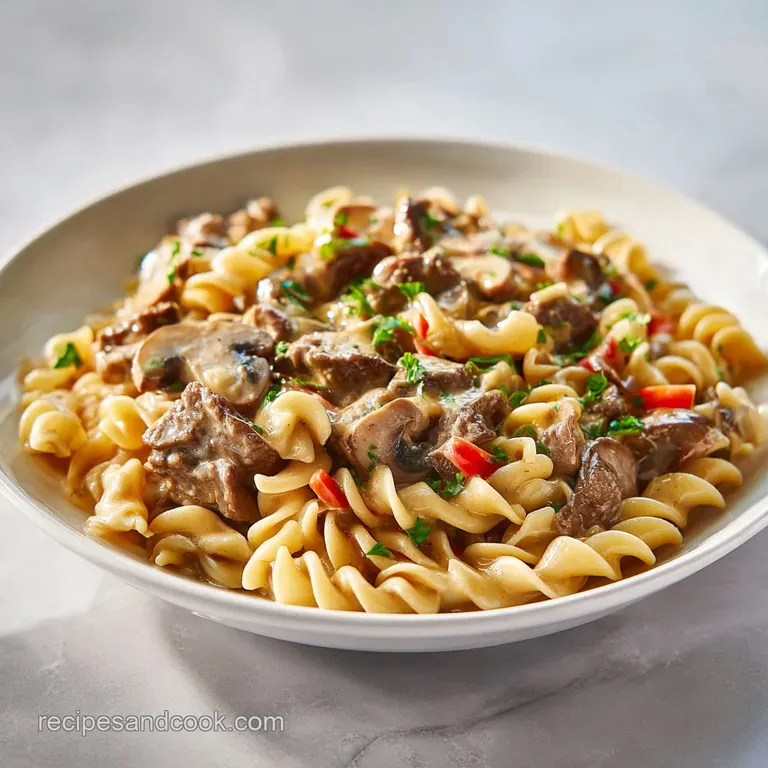 A generous swirl of beef stroganoff, crowned with bright green parsley, served on a rustic white plate.