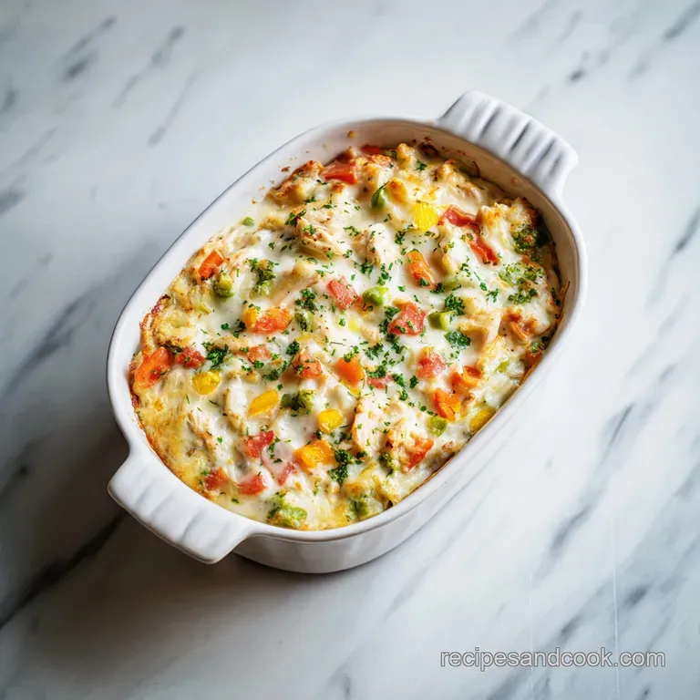 A generous scoop of fluffy chicken and rice casserole, artfully plated with fresh parsley garnish.