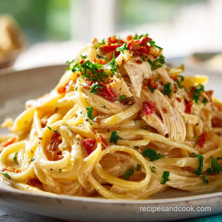 A comforting scoop of creamy chicken spaghetti, garnished with fresh parsley.
