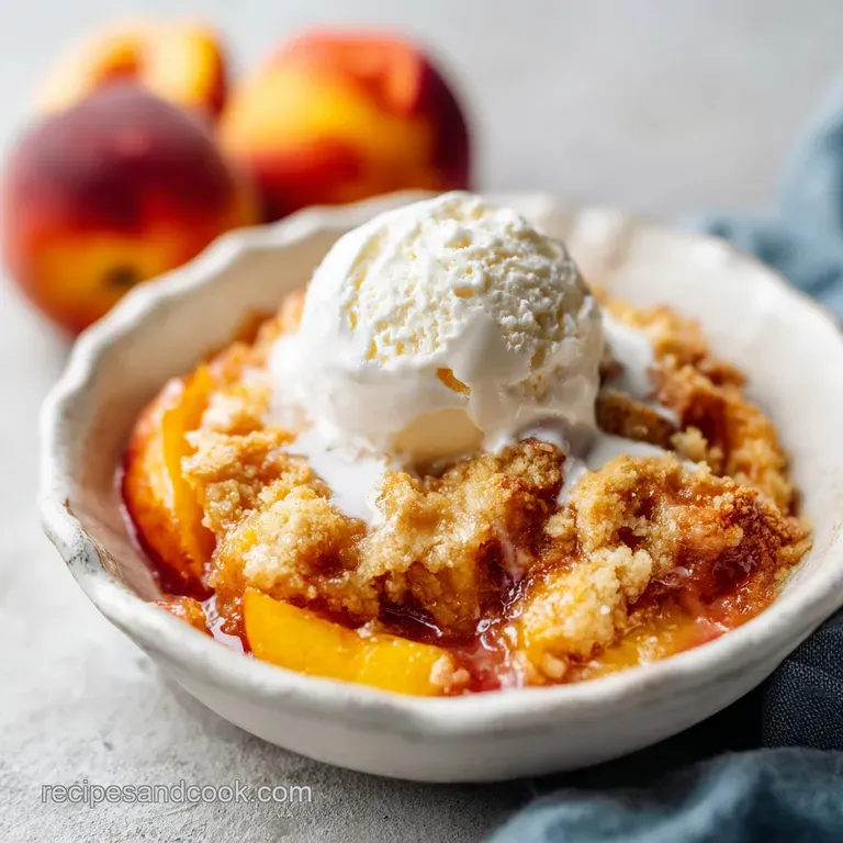 A warm slice of peach cobbler, topped with melting vanilla ice cream and a dusting of cinnamon.