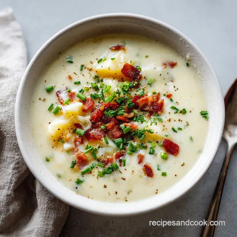 A steaming bowl of rich potato soup, topped with shredded cheese and a swirl of sour cream.