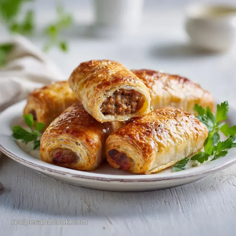 Warm, savory sausage rolls elegantly presented on a white plate, garnished with fresh parsley sprigs.