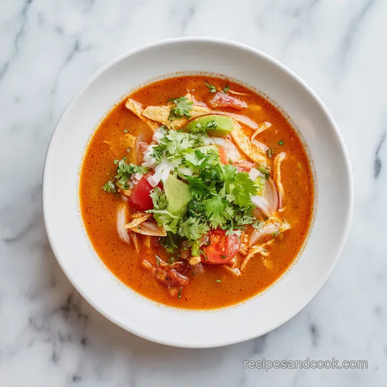 A rustic bowl of steaming tortilla soup topped with crisp tortilla strips, cilantro, and a lime wedge.