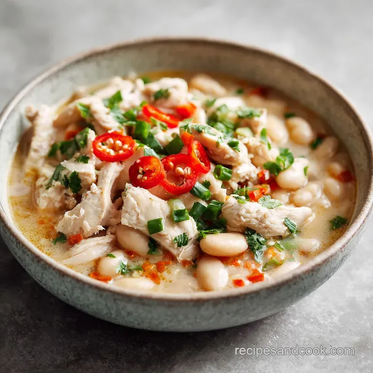 A vibrant bowl of white chicken chili, topped with shredded cheese, bright red chili flakes, and lime wedges.