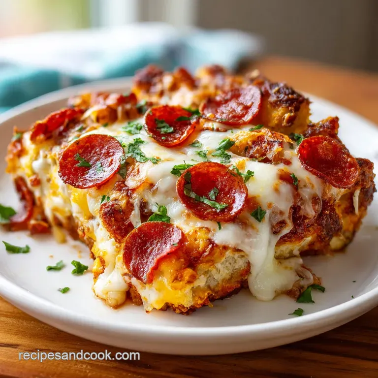 A single slice of the biscuit bake, oozing cheese and rich tomato sauce, presented on a white plate, ready to eat.