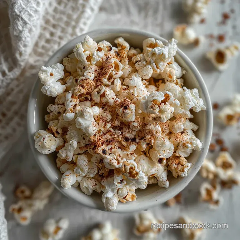 Pile of light and airy popcorn, coated in rich smoky spice blend, overflowing from a rustic wooden bowl on a burlap surface.