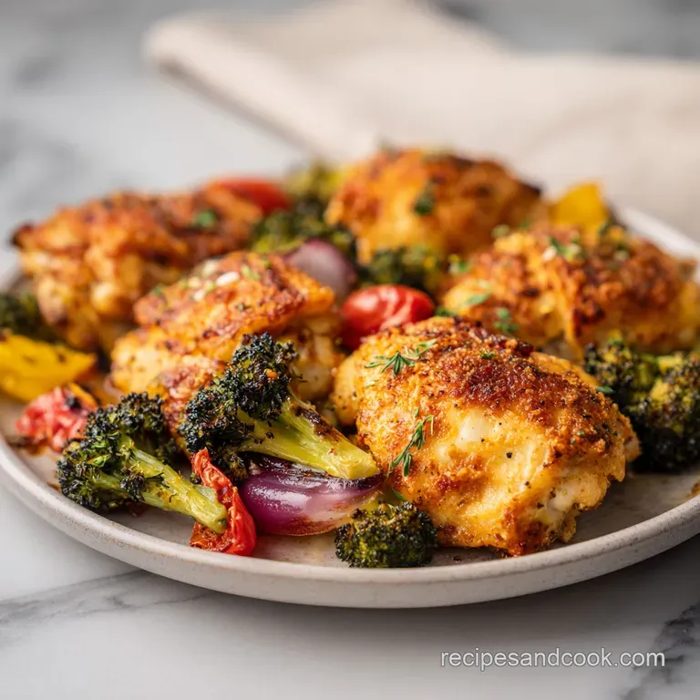 Plated chicken thigh, skin crisp and caramelized, served with a vibrant medley of softened bell peppers and fragrant herbs.