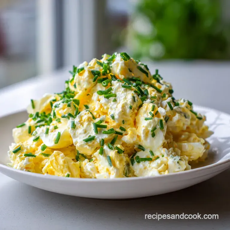 Neat portion of egg salad on dark bread, speckled with herbs, next to a crisp green lettuce leaf. Simple and fresh.