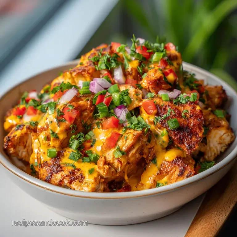 Tender chicken thighs topped with bubbly, golden-brown cheese, artfully arranged with colorful bell peppers and a sprinkle...