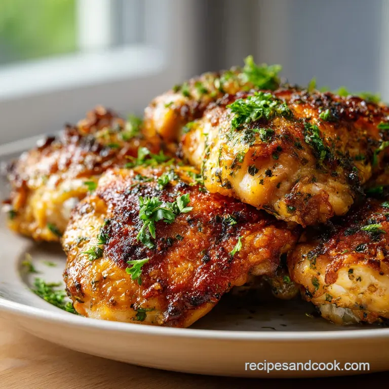 A perfectly roasted chicken thigh rests on creamy mashed potatoes, drizzled with pan sauce and garnished with fresh rosemary.