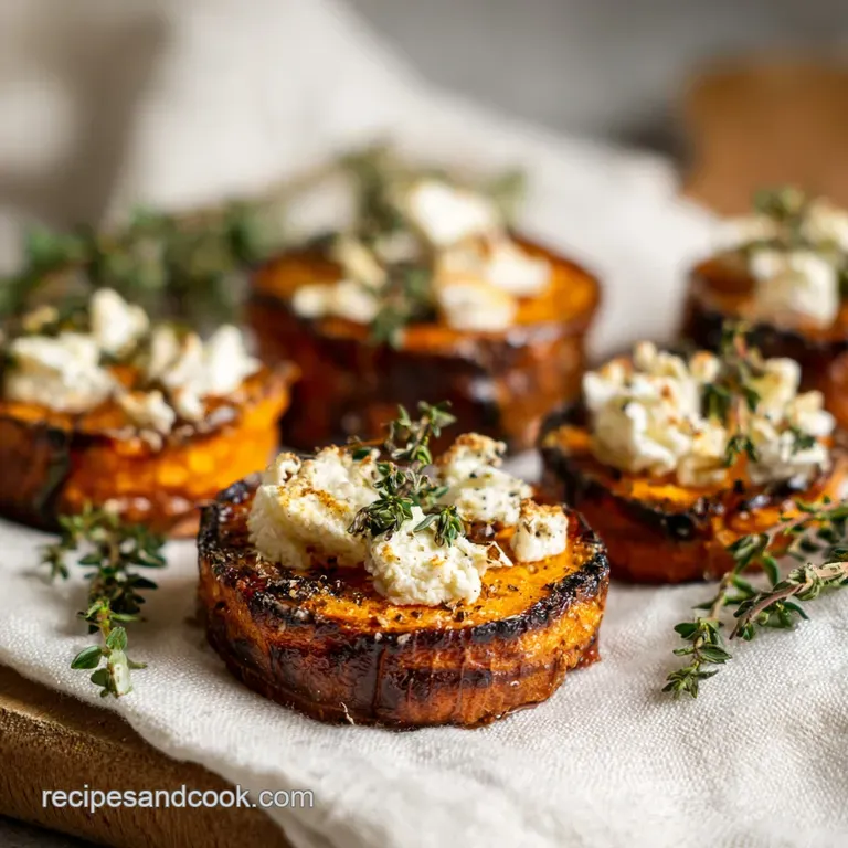 Golden-hued sweet potato rounds artfully stacked, adorned with melted feta cheese and a glistening honey glaze.