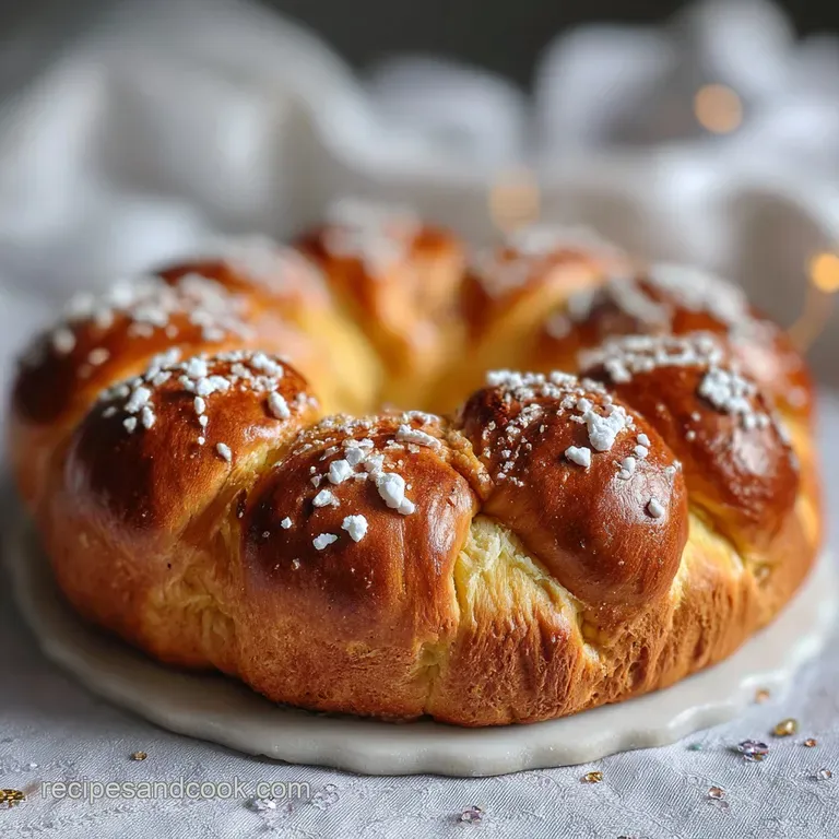 Slice of Rosca de Reyes on a festive plate; hints of citrus & vanilla dance within the soft crumb, a figurine peeking from...