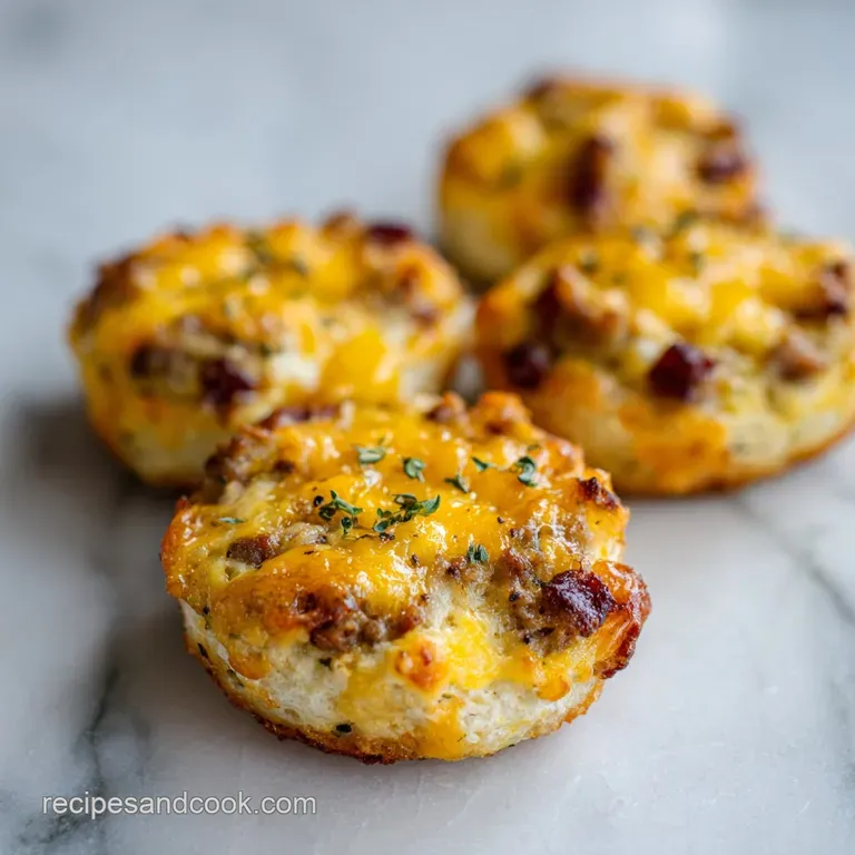 A neat stack of perfectly browned sausage balls with a hint of red, garnished with fresh parsley.