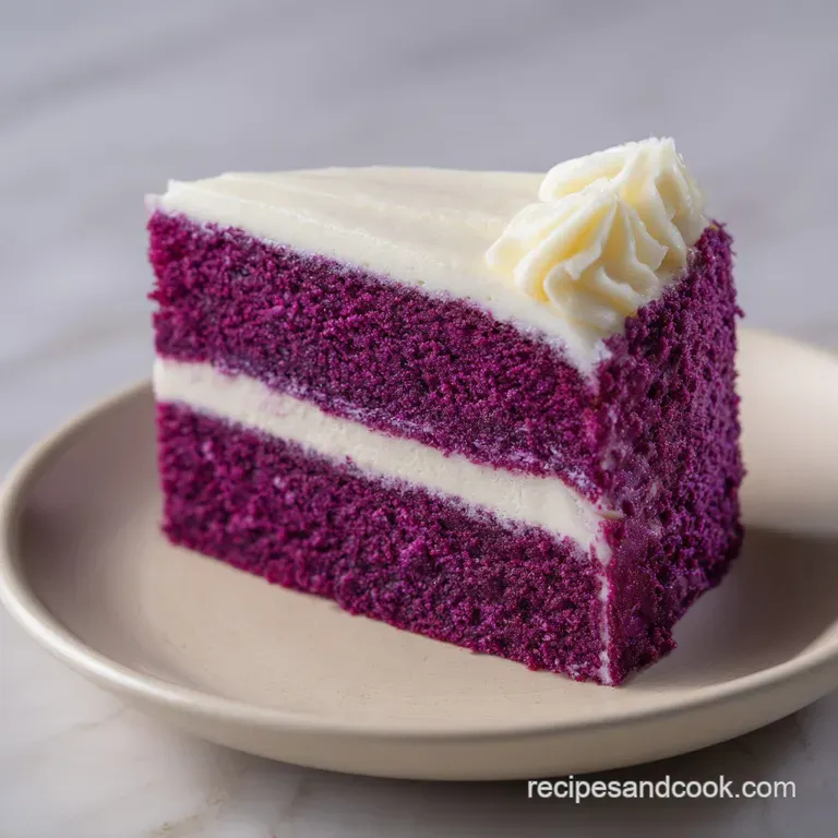 A single slice reveals moist, vibrant purple layers, topped with a dollop of luscious, creamy frosting.