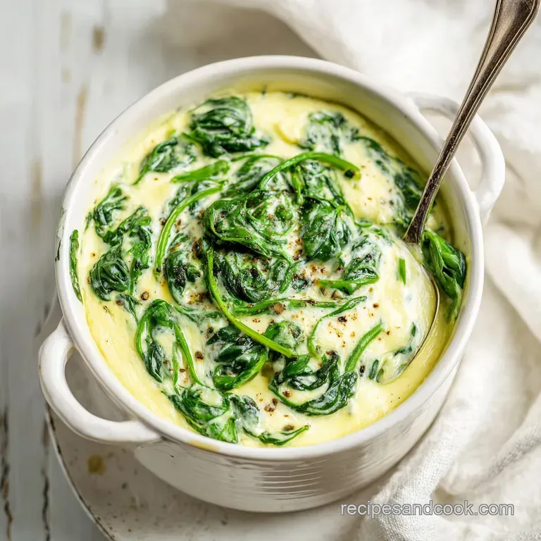A serving spoon lifts a portion of creamy spinach, revealing its velvety texture.