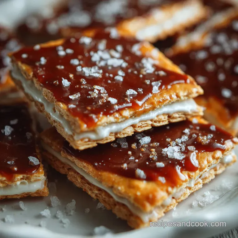 Stacked squares of salted caramel cracker candy glisten on a white plate, accented by a sprinkle of coarse sea salt.