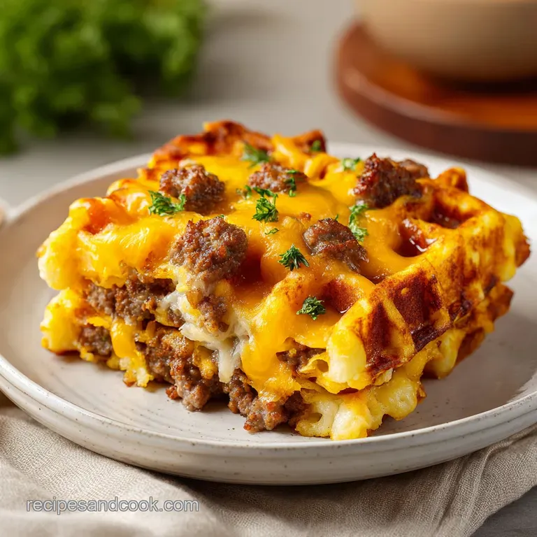 A square slice of golden-brown savory casserole on a white plate, garnished with a drizzle of amber maple syrup.