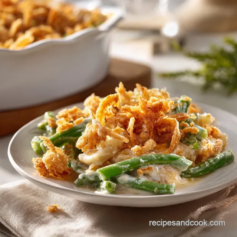 A generous scoop of creamy green bean casserole, topped with crunchy fried onions, on a rustic white plate.