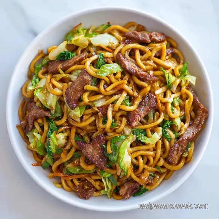Glossy brown noodles in a ceramic bowl, topped with sliced scallions and served with dark wooden chopsticks.