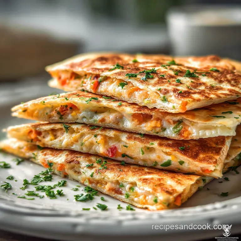 A wedge of cheesy quesadilla, showcasing layers of vibrant peppers, onions, and melted cheese. Crispy tortilla and fresh c...