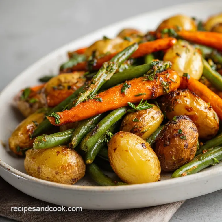 Perfectly roasted vegetables cascading on a white plate, inviting warmth and rustic elegance. Herb sprigs add a touch of f...